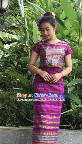 Chinese Dai Nationality Folk Dance Costumes Traditional Dai Ethnic Stage Show Purple Blouse and Straight Skirt Complete Set