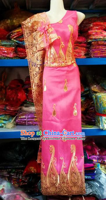 Traditional Chinese Dai Nationality Pink Blouse and Straight Skirt Outfit Dai Ethnic Dance Costumes with Tippet Veil