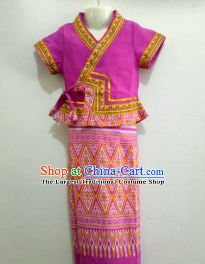 Chinese Dai Nationality Girl Dress Costumes Traditional Dai Ethnic Children Purple Blouse and Straight Skirt for Kids