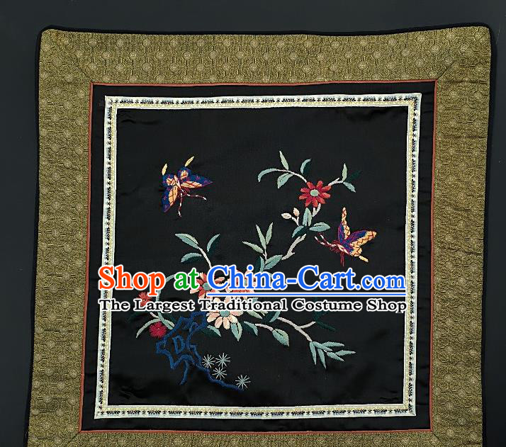 Traditional Chinese Embroidered Orchid Butterfly Fabric Patches Handmade Embroidery Craft Accessories Embroidering Black Silk Cushion Applique