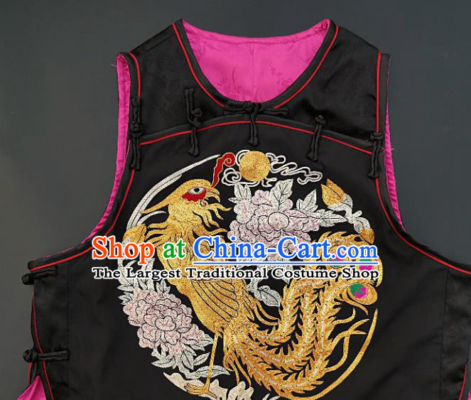 Chinese Traditional Embroidered Phoenix Peony Vest Handmade Embroidery Costume Tang Suit Black Silk Waistcoat for Women