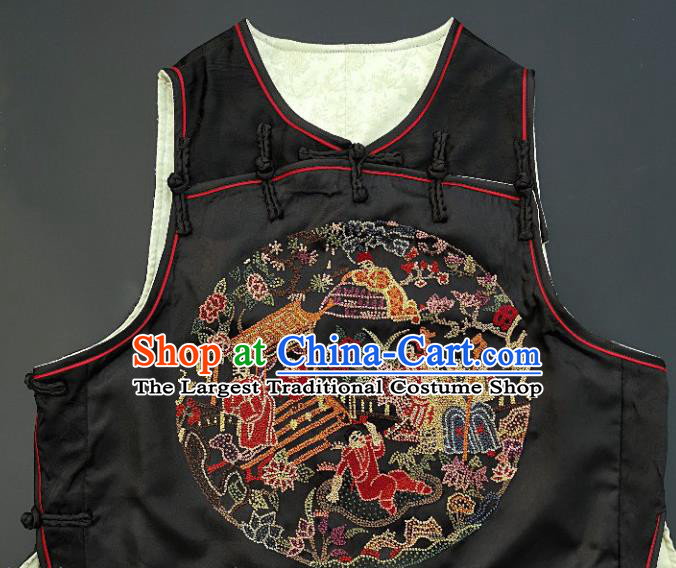 Chinese Traditional Embroidered Vest Handmade Embroidery Costume Tang Suit Black Silk Waistcoat for Women