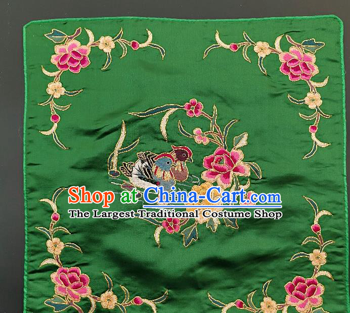 Traditional Chinese Embroidered Rosy Peony Fabric Patches Handmade Embroidery Craft Accessories Embroidering Mandarin Duck Green Silk Cushion Applique