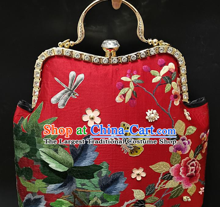 Chinese Traditional Embroidered Peony Butterfly Handbag Handmade Embroidery Red Bag for Women