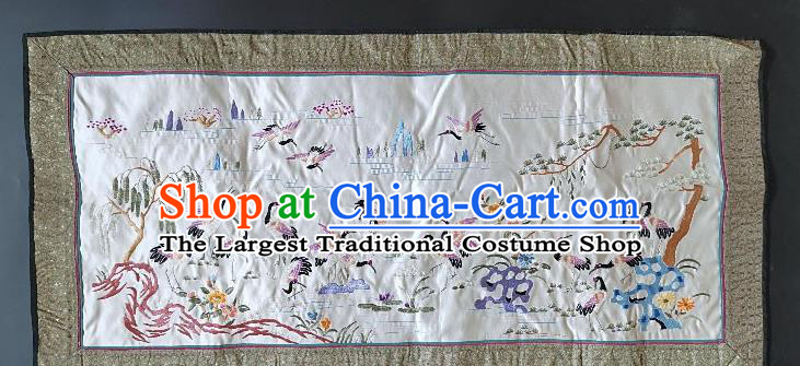 Chinese National Embroidered Cranes White Silk Paintings Traditional Handmade Embroidery Craft Decorative Wall Picture