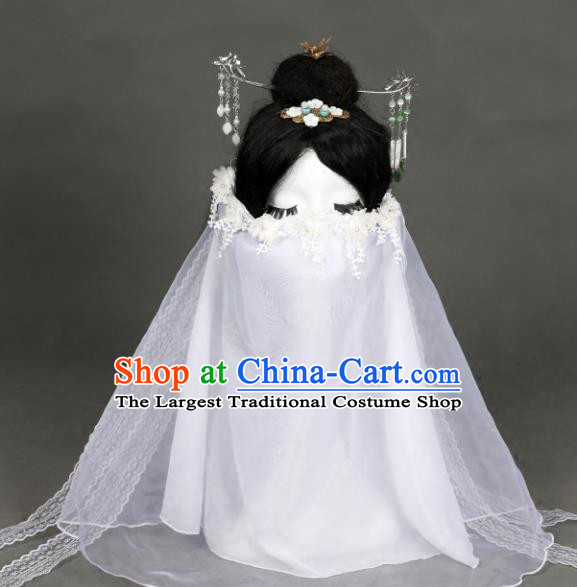Chinese Traditional Ancient Swordswoman White Flowers Mask Headwear Handmade Princess Hanfu Face Veil