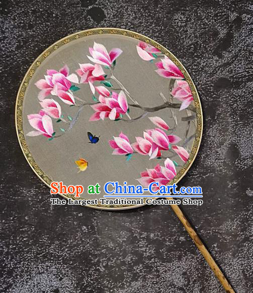 Chinese Traditional Embroidery Mangnolia Butterfly Palace Fans Handmade Mottled Bamboo Round Fan Embroidered Silk Fan Craft