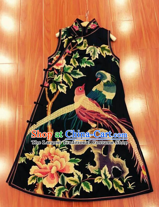 Traditional Chinese Embroidered Peony Golden Pheasant Cheongsam National Costume Republic of China Stand Collar Qipao Dress for Women