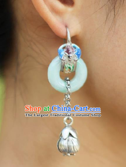 Chinese Handmade Blueing Silver Ear Accessories Traditional Jade Peace Buckle Earrings for Women