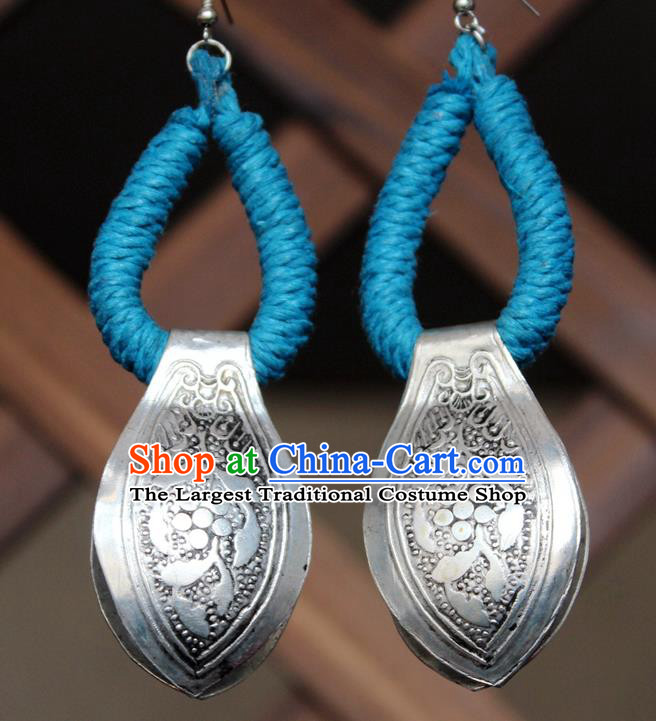 Chinese Handmade Miao Nationality Silver Carving Earrings Traditional Minority Ethnic Blue Sennit Ear Accessories for Women