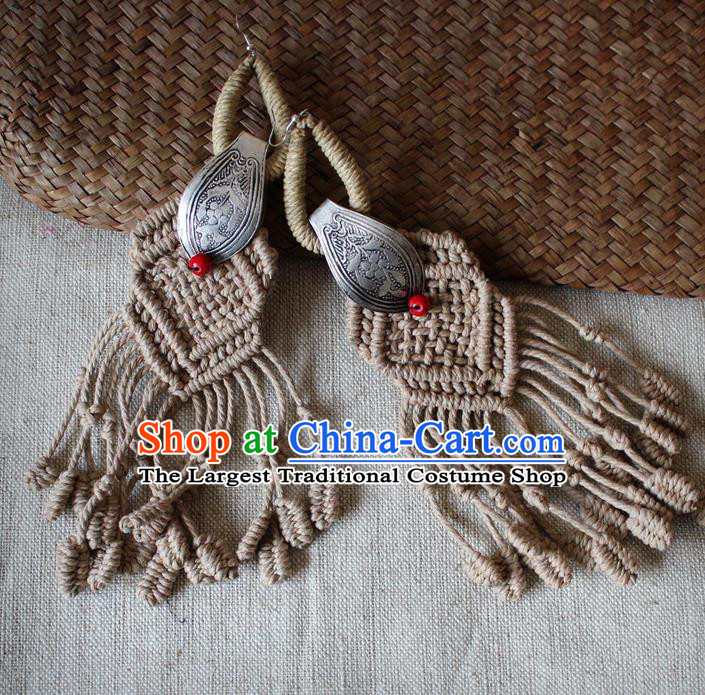 Chinese Handmade Miao Nationality Silver Carving Earrings Traditional Minority Ethnic Flaxen Sennit Ear Accessories for Women