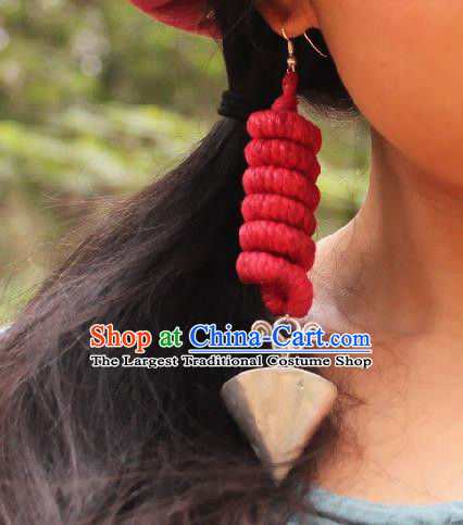 Chinese Handmade Miao Ethnic Silver Ear Accessories Traditional Minority Sennit Earrings for Women
