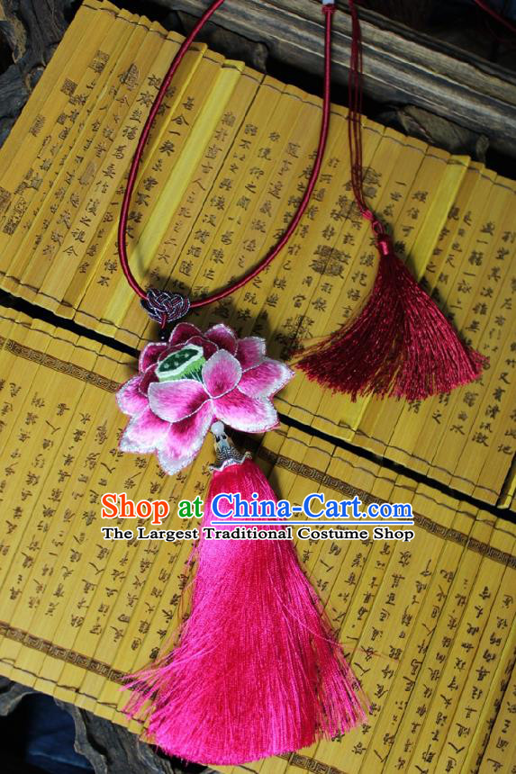 Chinese Handmade Miao Nationality Embroidered Lotus Necklet Accessories Traditional Minority Ethnic Rosy Tassel Necklace for Women