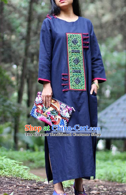 Traditional Chinese Embroidered Navy Dress National Costume Tang Suit Gown Garment Cheongsam for Women