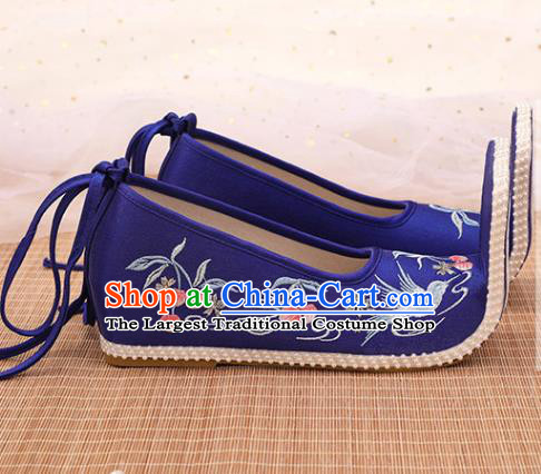 Chinese Ancient Court Women Royalblue Satin Embroidered Shoes Princess Shoes Handmade Palace Lady Shoes Embroidery Cherry Bird Shoes