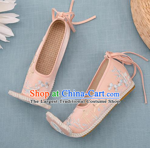 Chinese Ancient Court Women Pink Embroidered Shoes Princess Satin Shoes Handmade Palace Lady Shoes Embroidery Bamboo Bridge Shoes