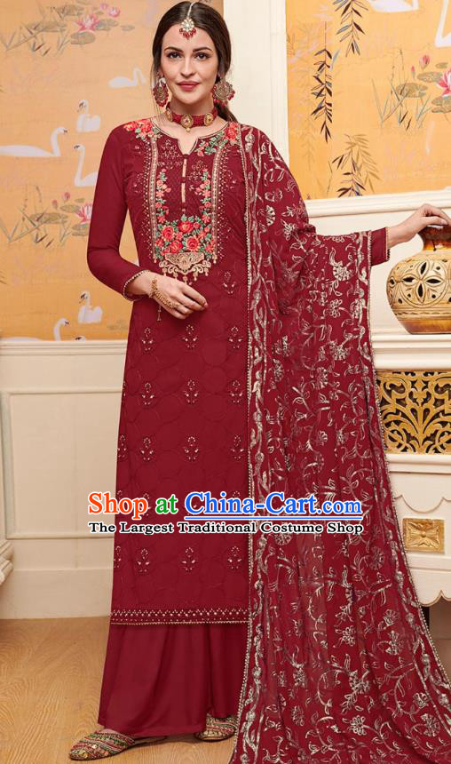 Asian India National Embroidered Punjab Costumes Asia Indian Traditional Maroon Faux Georgette Dress Sari and Loose Pants for Women