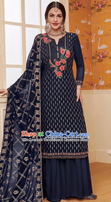 Asian India National Embroidered Punjab Costumes Asia Indian Traditional Navy Blue Faux Georgette Dress Sari and Loose Pants for Women