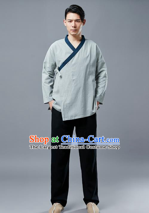 Chinese National Light Green Linen Shirt Traditional Tang Suit Upper Outer Garment Slant Opening Costume for Men