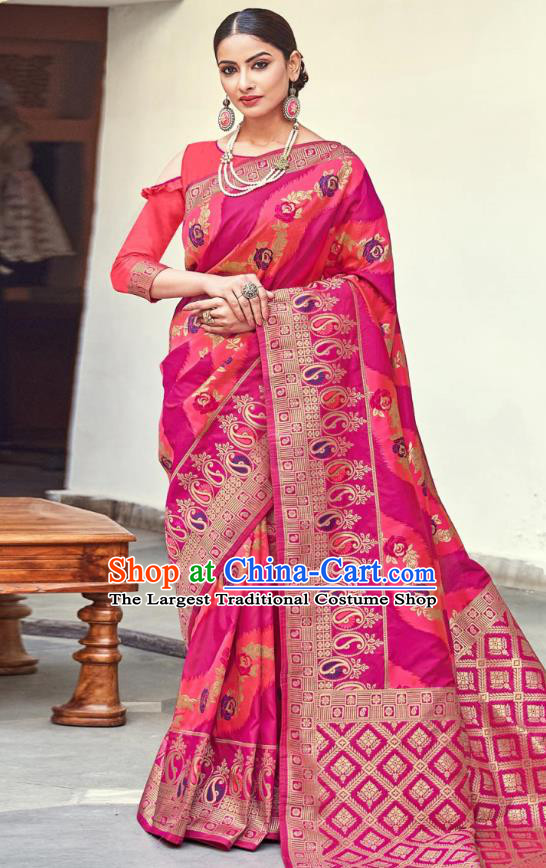 Asian India National Saree Costumes Asia Indian Bride Traditional Magenta Blouse and Rosy Silk Sari Dress for Women