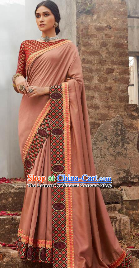 Asian India National Saree Costumes Asia Indian Bride Traditional Blouse and Embroidered Peach Pink Silk Sari Dress for Women