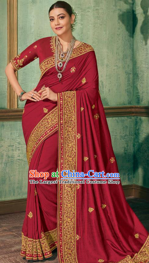 Asian India Bollywood National Dance Maroon Silk Saree Asia Indian Traditional Court Princess Blouse and Sari Dress Costumes for Women