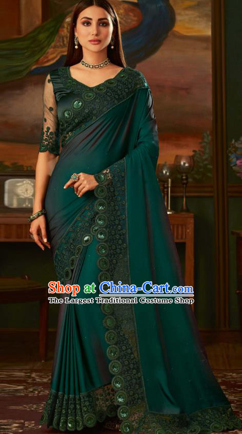 Asian India Bollywood Dark Green Silk Saree Dress Asia Indian National Festival Dance Costumes Traditional Court Female Blouse and Sari Full Set