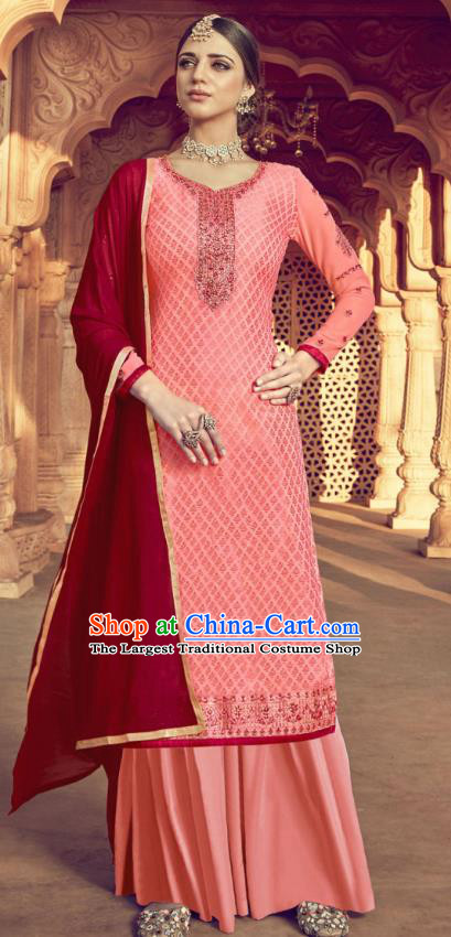 Asian India Traditional Suits Costumes Asia Indian National Folk Dance Pink Viscose Long Blouse and Loose Pants Shawl Complete Set