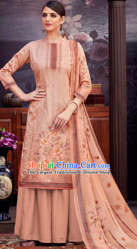 Asian India National Printing Punjab Costumes Asia Indian Traditional Dance Peach Pink Cotton Blouse and Loose Pants and Shawl Full Set
