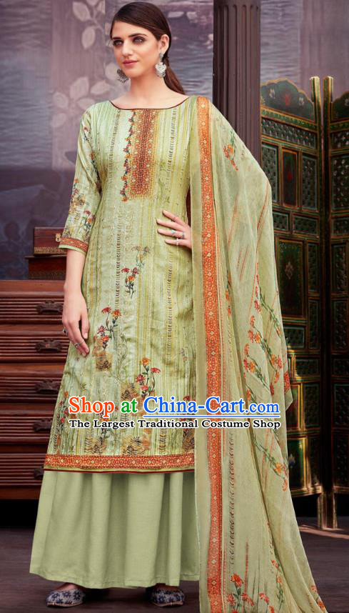 Asian India National Printing Punjab Costumes Asia Indian Traditional Dance Light Green Cotton Blouse and Loose Pants and Shawl Full Set