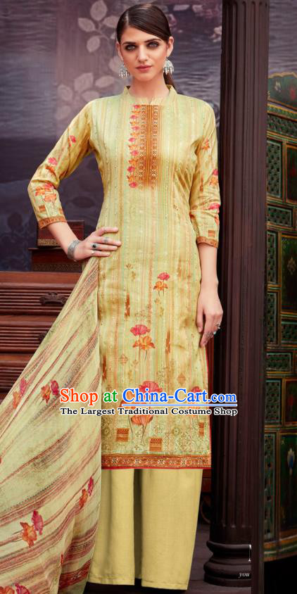 Asian India National Printing Punjab Costumes Asia Indian Traditional Dance Yellow Cotton Blouse and Loose Pants and Shawl Full Set