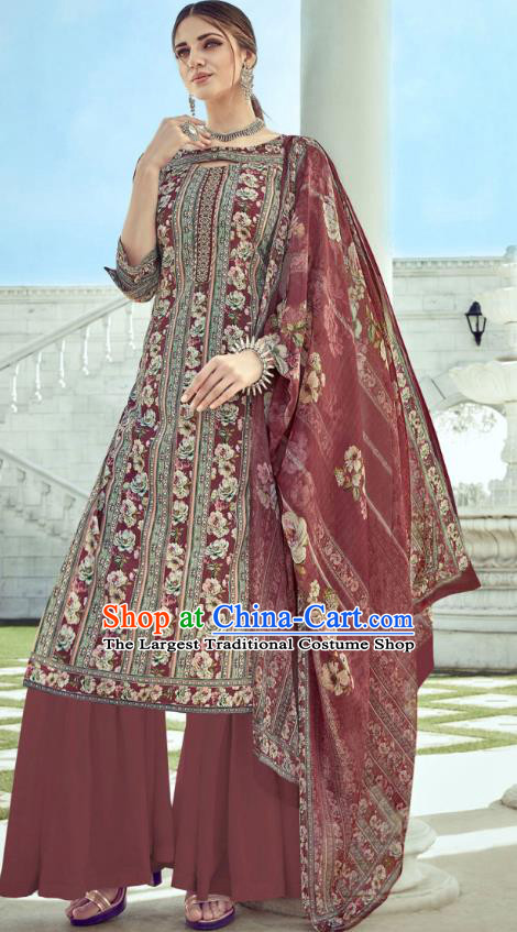Asian India National Punjab Costumes Asia Indian Traditional Dance Embroidered Maroon Muslin Blouse and Loose Pants and Shawl Full Set