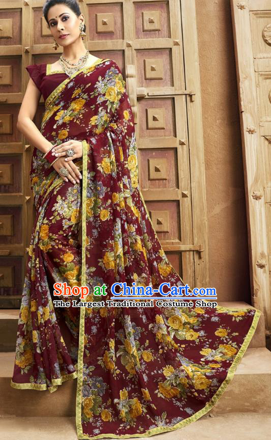 Asian India National Printing Maroon Georgette Saree Asia Indian Festival Dance Costumes Traditional Female Blouse and Sari Dress Full Set