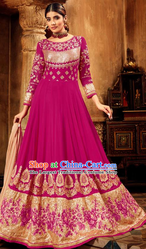 Asian India National Embroidered Rosy Anarkali Dress Asia Indian Festival Dance Costumes Traditional Female Clothing and Sari Full Set
