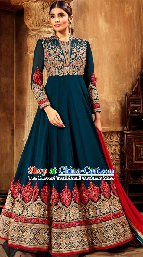 Asian India National Embroidered Teal Anarkali Dress Asia Indian Festival Dance Costumes Traditional Female Clothing and Sari Full Set