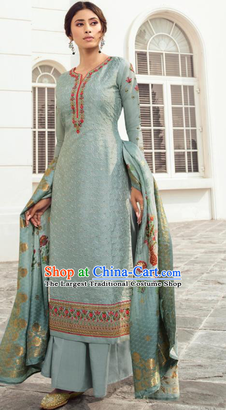 Asian India Traditional Costumes Asia Indian National Festival Punjab Suits Light Grey Silk Long Blouse Shawl and Loose Pants Complete Set