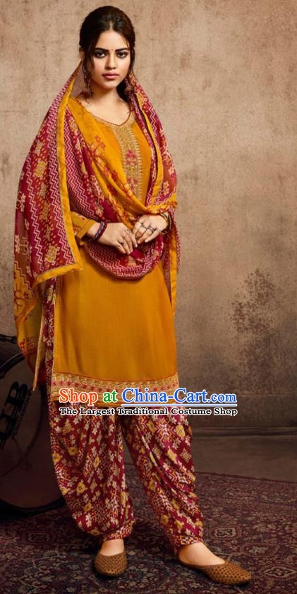 Asian India Traditional Civilian Woman Costumes Asia Indian National Punjab Suits Orange Crepe Long Blouse Shawl and Loose Pants Full Set