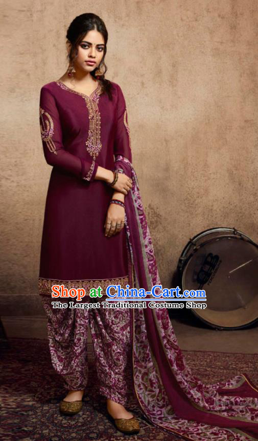 Asian India Traditional Civilian Woman Costumes Asia Indian National Punjab Suits Purple Crepe Long Blouse Shawl and Loose Pants Full Set