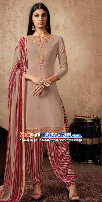 Asian India Traditional Civilian Woman Costumes Asia Indian National Punjab Suits Light Brown Crepe Long Blouse Shawl and Loose Pants Full Set