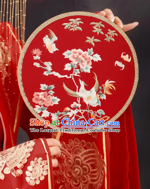 China Traditional Wedding Silk Fan Embroidered Phoenix Peony Palace Fan Handmade Hanfu Circular Fan