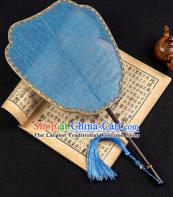 China Handmade Palace Fan Traditional Ancient Princess Jacquard Blue Silk Fan Classical Hanfu Fan