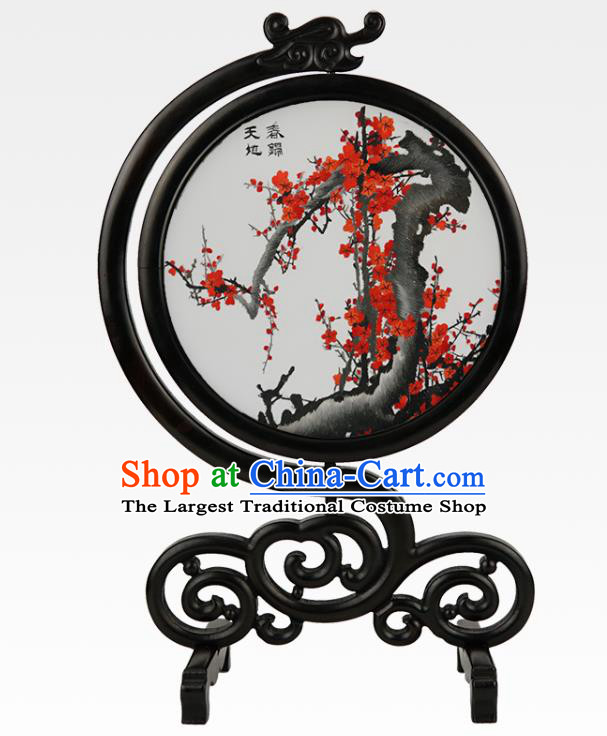 Handmade China Embroidered Plum Blossom Desk Screen Suzhou Embroidery Craft Sandalwood Table Ornament