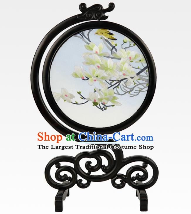 Handmade China Sandalwood Table Ornament Embroidered Mandarin Mangnolia Screen Suzhou Embroidery Craft