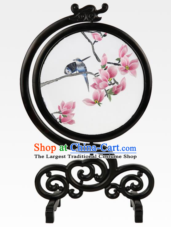 Handmade Sandalwood Table Ornament China Suzhou Embroidery Craft Embroidered Mangnolia Silk Screen
