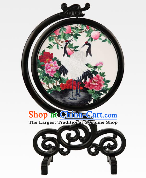 China Embroidered Crane Peony Silk Desk Screen Handmade Sandalwood Table Ornament Suzhou Embroidery Craft
