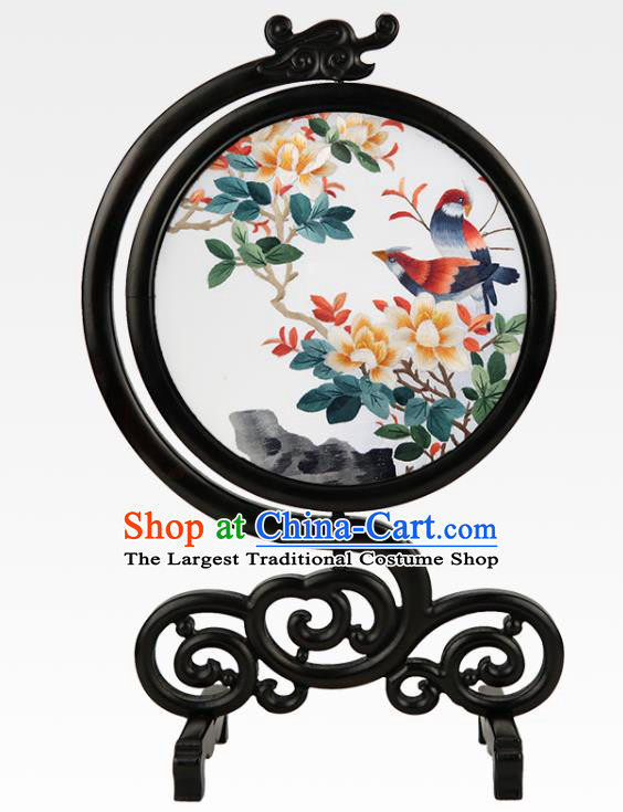China Embroidered Mangnolia Birds Desk Screen Suzhou Embroidery Silk Craft Handmade Sandalwood Table Ornament