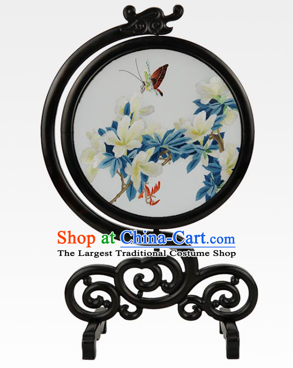 China Embroidered Butterfly Mangnolia Desk Screen Handmade Sandalwood Table Ornament Suzhou Embroidery Silk Craft