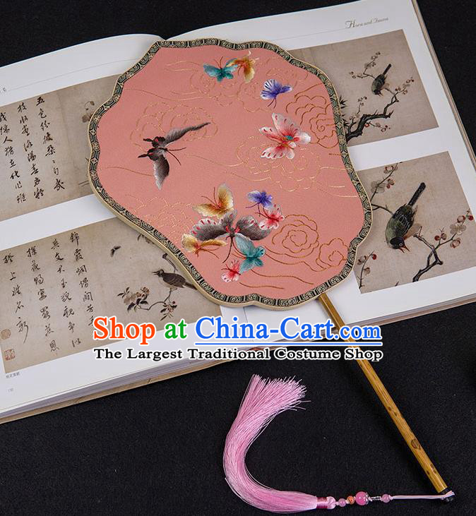 China Traditional Embroidered Butterfly Fan Classical Hanfu Pink Silk Fan Handmade Ancient Noble Lady Palace Fan