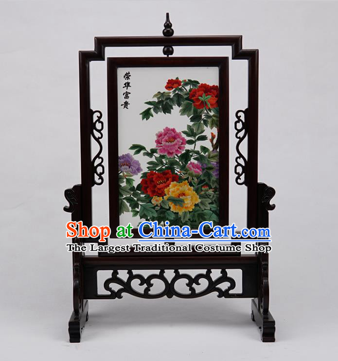 Handmade China Rosewood Table Ornament Suzhou Embroidery Peony Craft Embroidered Double Side Desk Screen