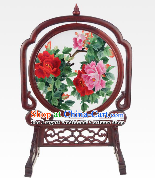 China Traditional Rosewood Craft Handmade Table Ornament Embroidered Peony Desk Screen